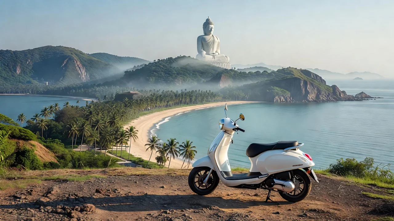 Scooter parked at a hilltop viewpoint over the Phuket coastline
