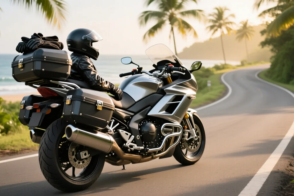 Large touring motorcycle with panniers parked on a coastal road overlooking the sea