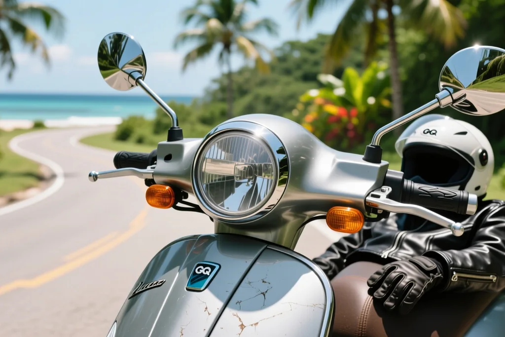 Rider inspecting the front brake and tyre of a scooter before riding away