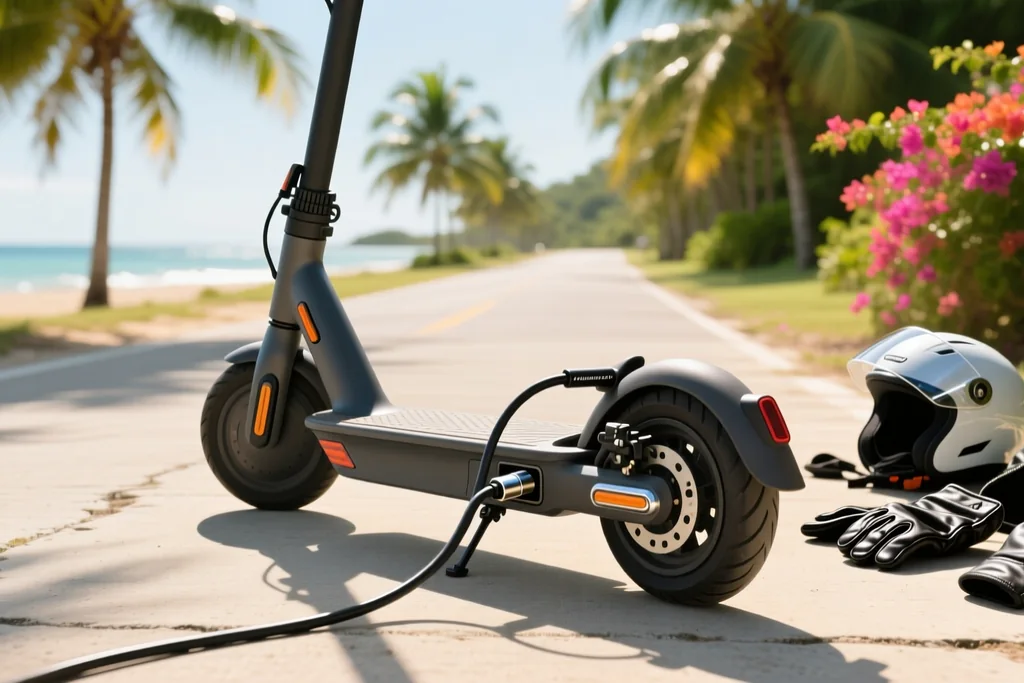 Electric scooter plugged into a charger in a quiet shaded courtyard in Phuket