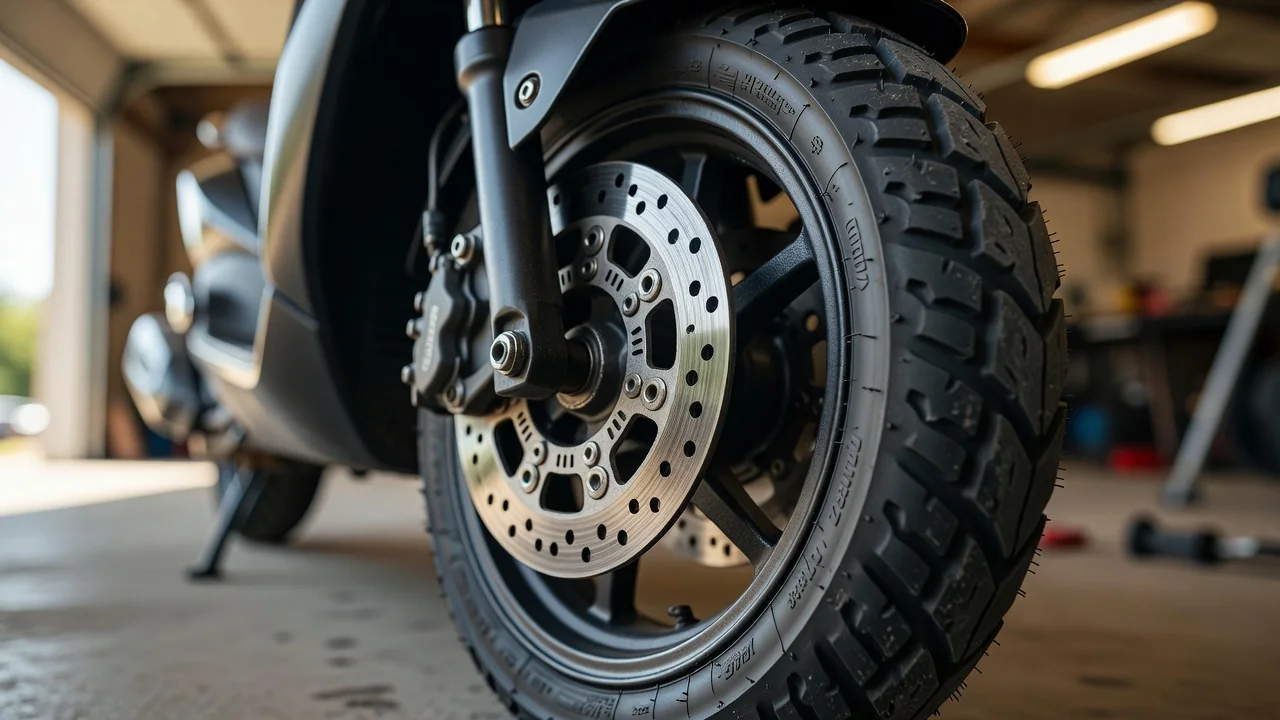 Close-up of a scooter brake disc and tire tread