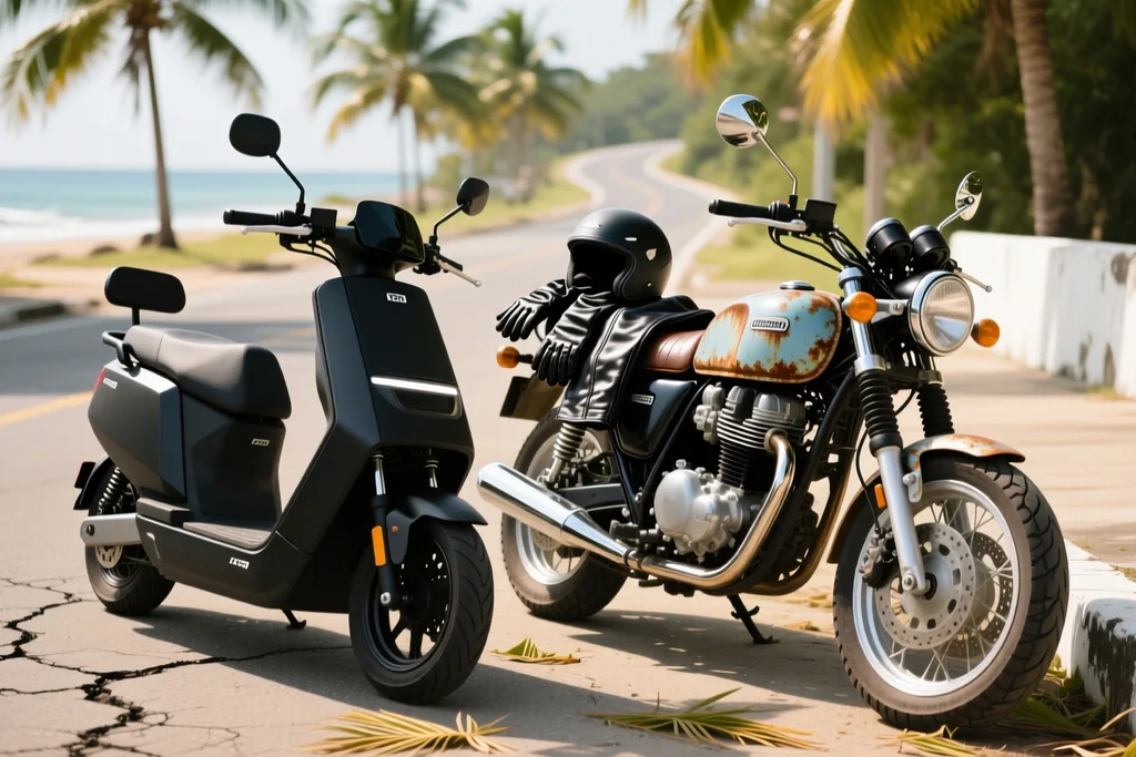 Rider talking with a rental shop staff member beside a row of scooters in Phuket