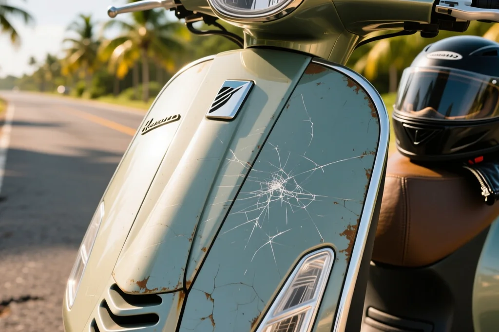 Rider photographing damage to a scooter at the roadside after a minor accident