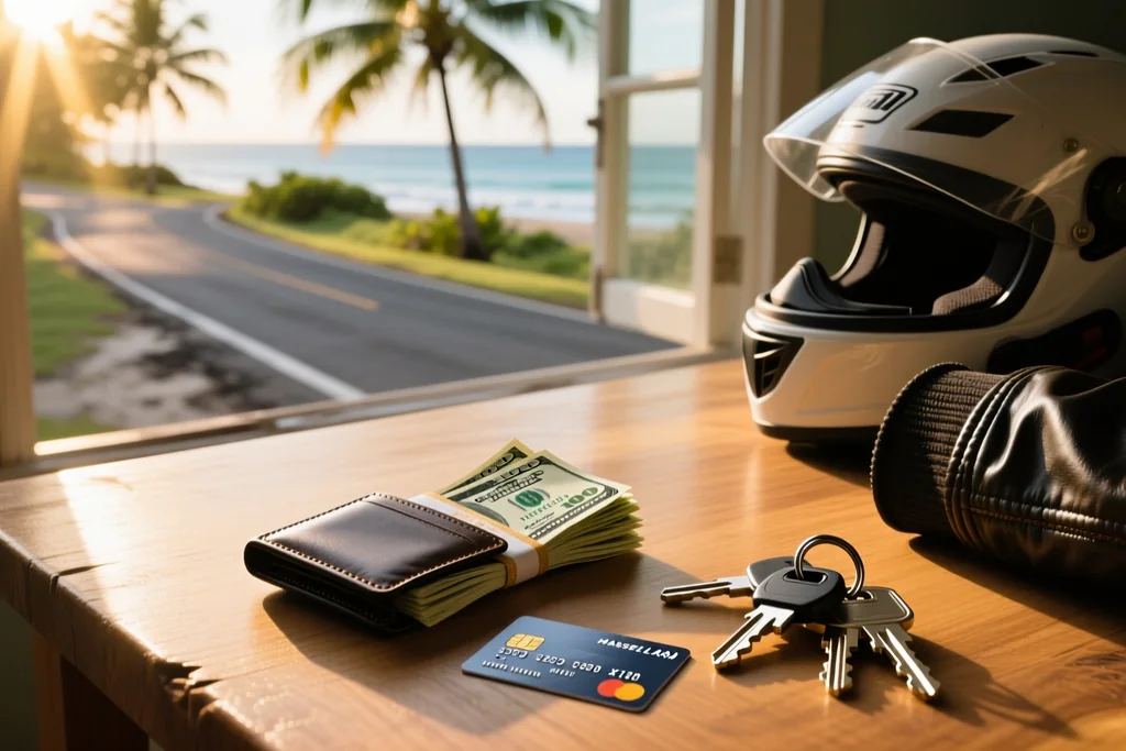 Rider and shop staff reviewing a rental agreement with a passport on the counter