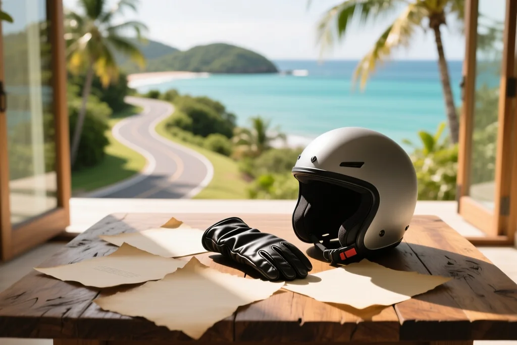 Rider reading insurance paperwork beside a parked scooter at a rental counter
