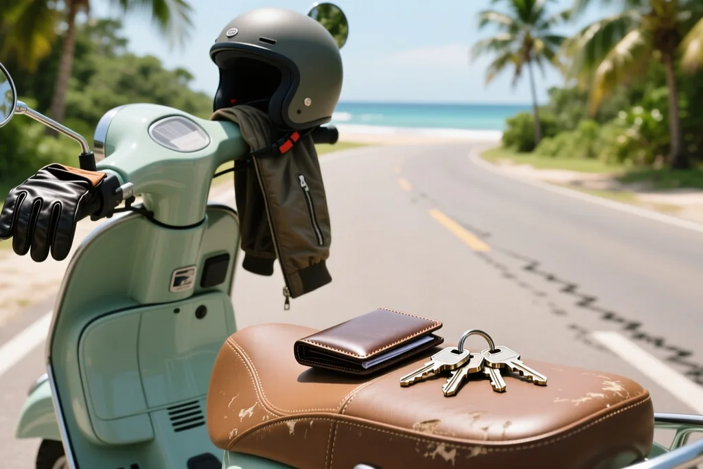 Rider holding a driving licence and international driving permit beside a parked motorbike