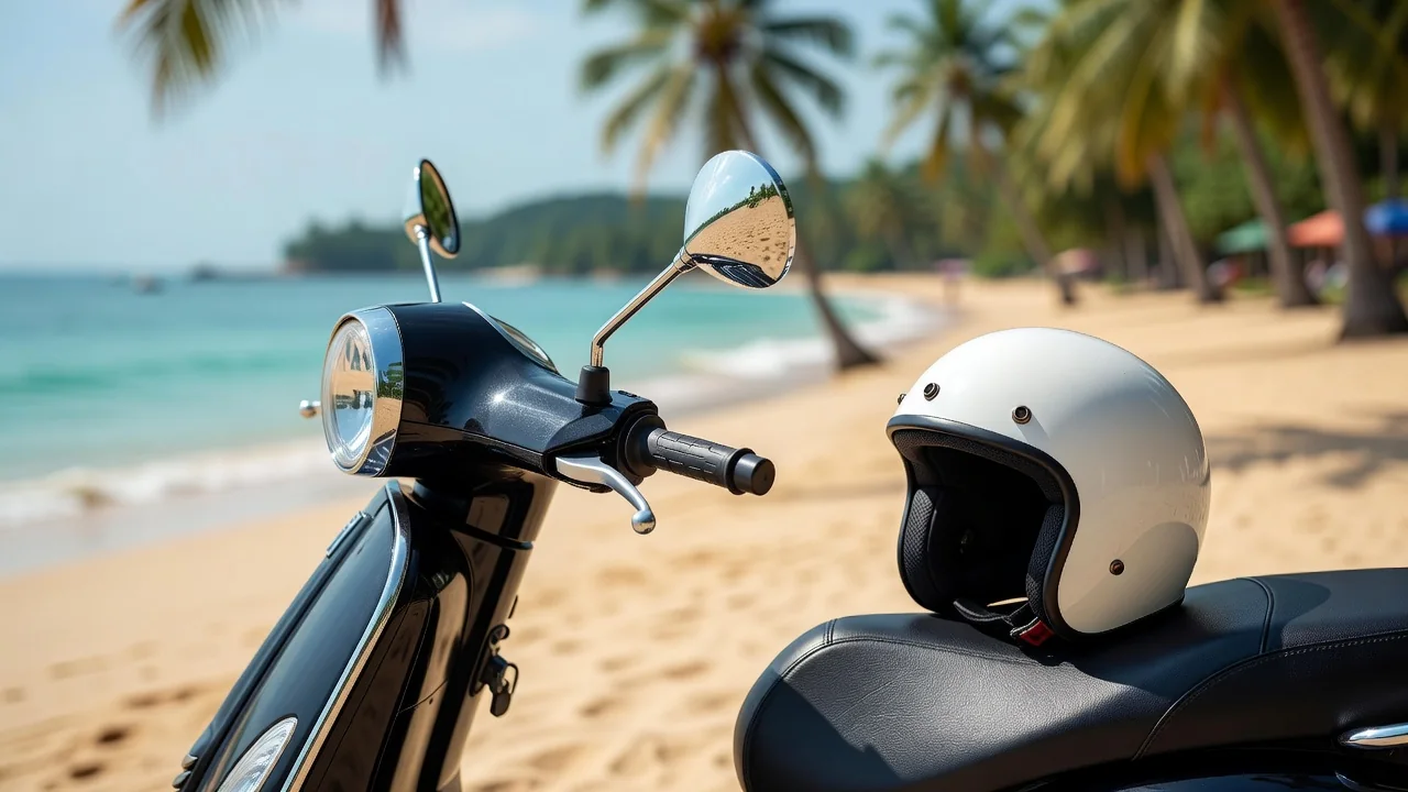 Helmet resting on the seat of a rental scooter by a Phuket beach