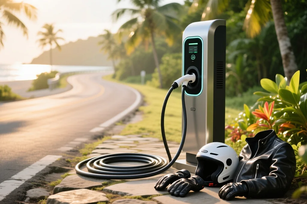 Electric scooter plugged into a charging point beside a rental shop wall