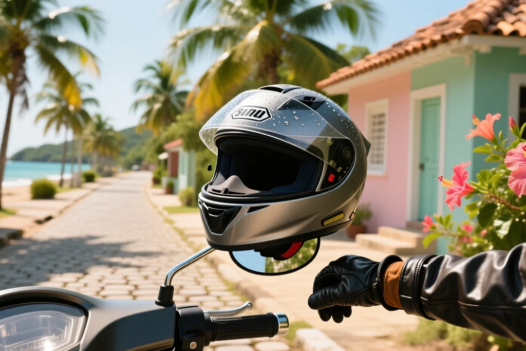 Motorbike helmet resting on a handlebar with a rider fastening a second helmet nearby