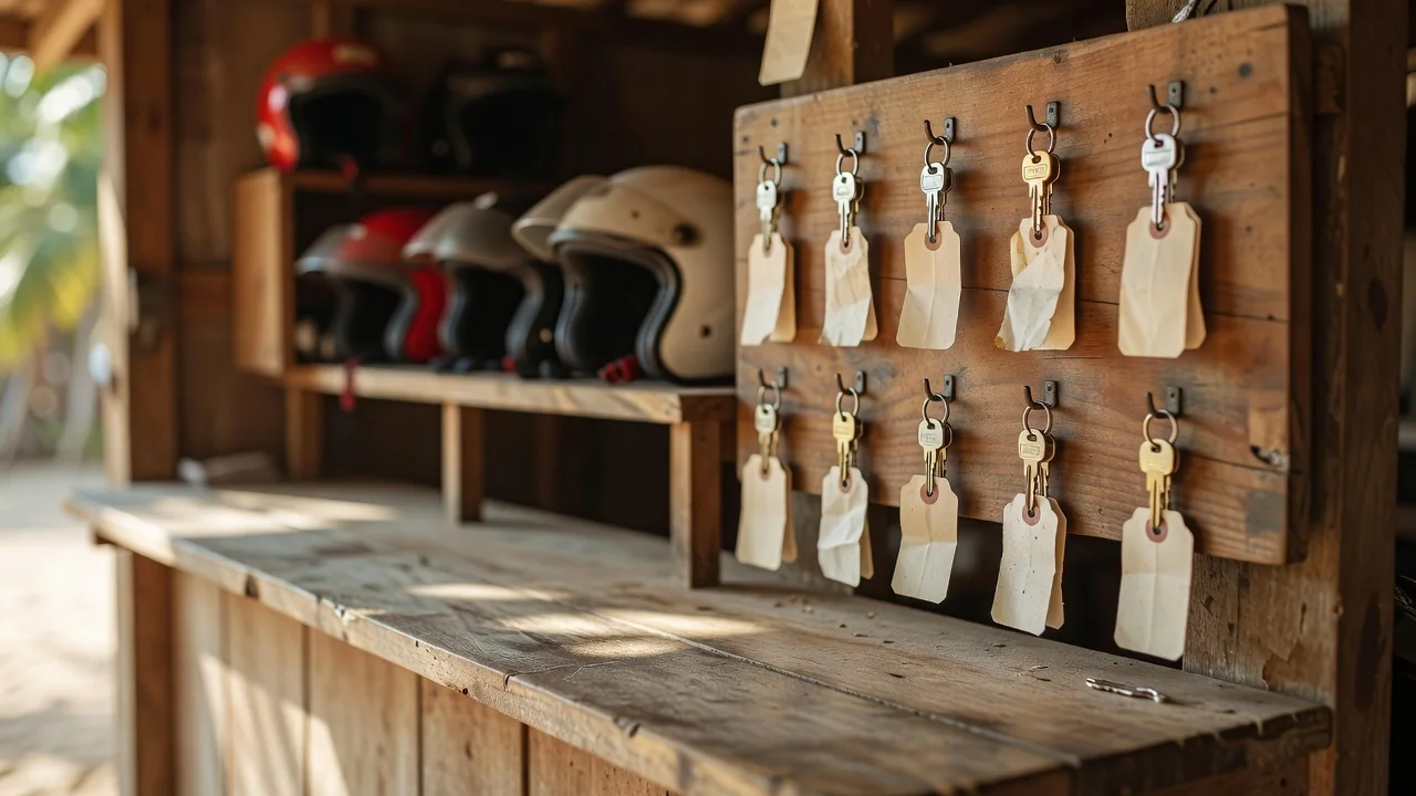 Motorbike keys with rental tags on a wooden board at a Phuket rental shop