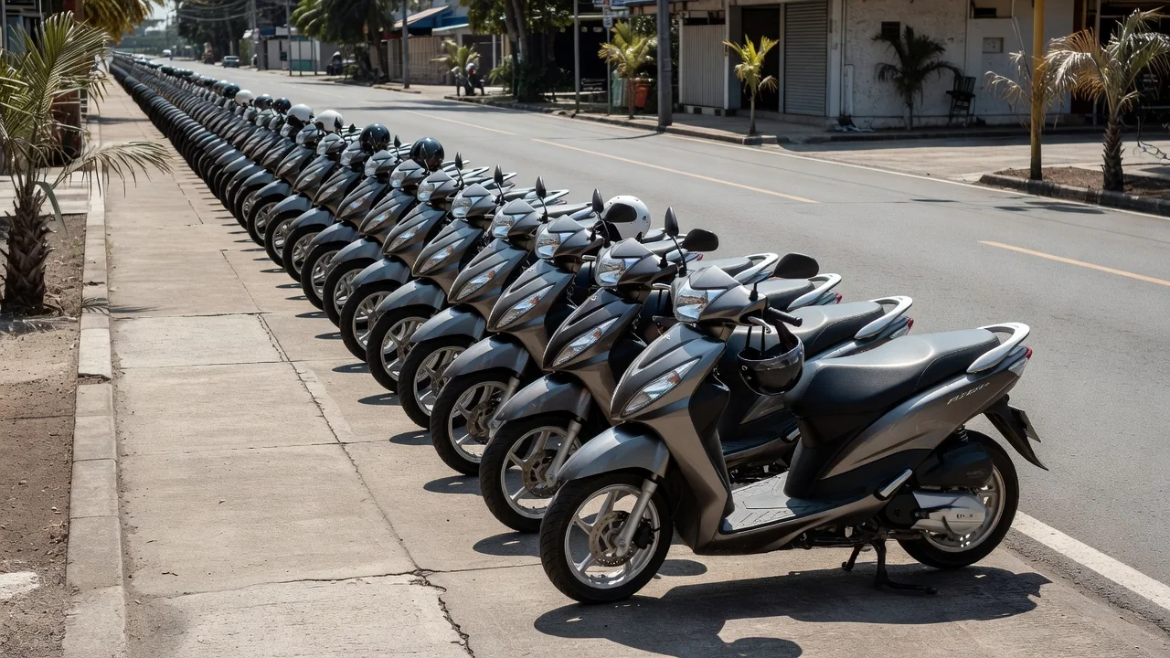 Row of rental scooters outside a Phuket shop in the low season