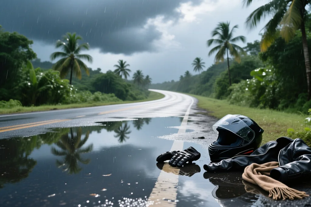Wet road through Phuket countryside after a tropical downpour with dark clouds overhead
