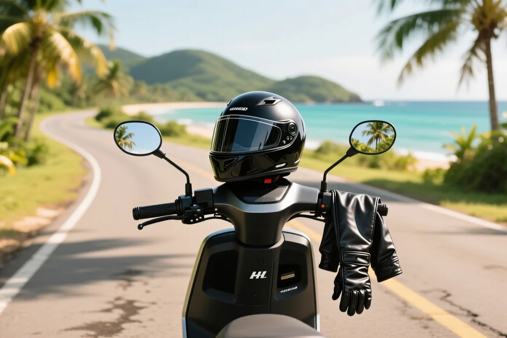 Motorbike rider waiting at a busy Phuket junction with scooters and cars in traffic