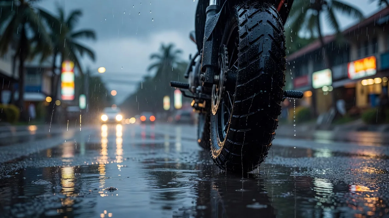 Motorbike tire on wet asphalt during tropical rain in Phuket